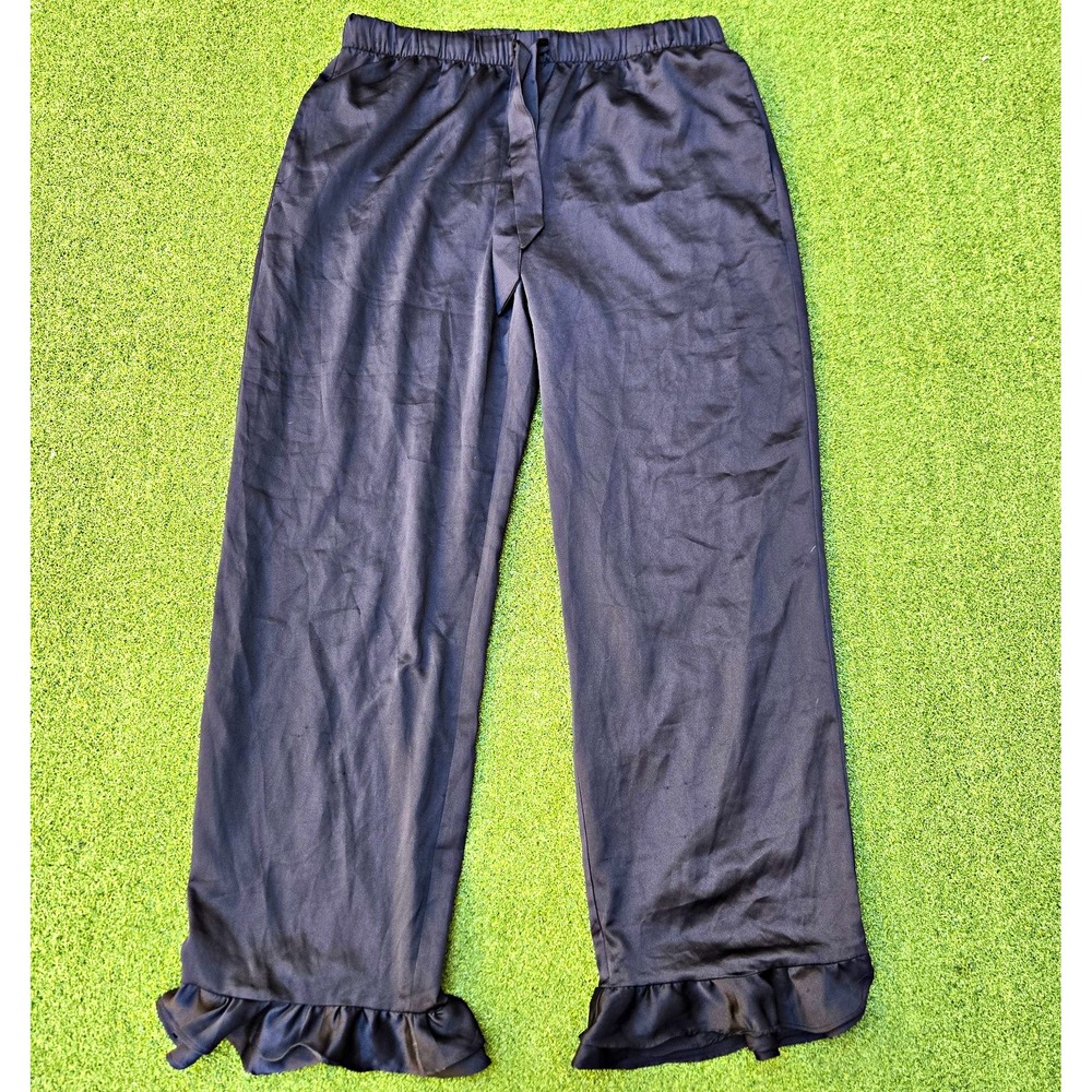 Victoria's Secret Pajama Pants S Black Solid Satin Ruffle Drawstring Polyester